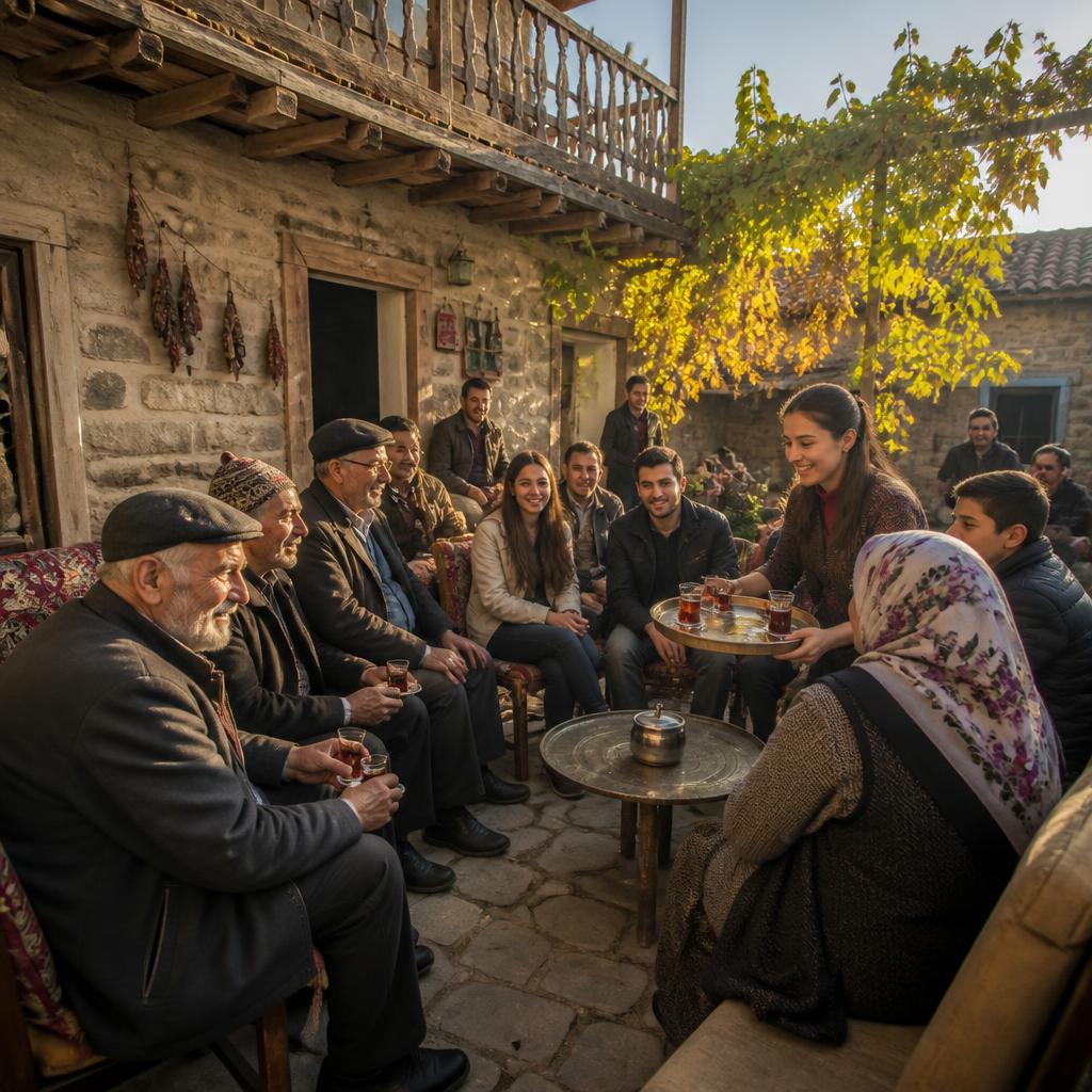 Anadolu avlusunda çay ikramı ve topluluk buluşması